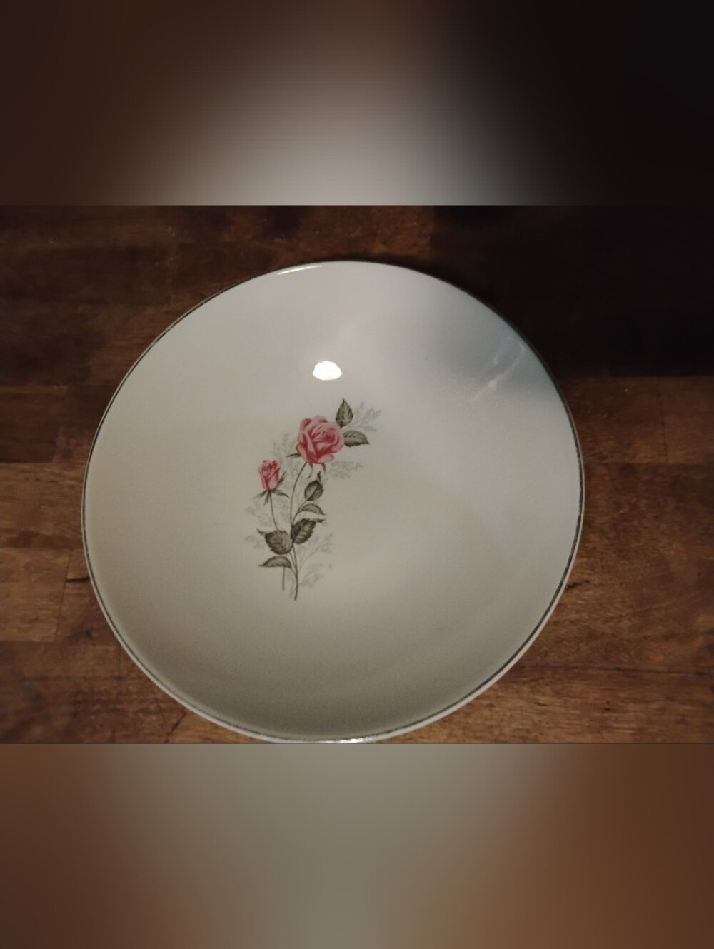 Vintage Fine China Pink Rose Serving Bowl with Silver Trim - 9" Shabby Chic Roun